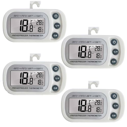 Asfrode Kühlschrankthermometer Digital, 4 Stück Kühlschrank Thermometer mit Haken & Magnet LCD Anzeige Digitales Kühlschrankthermometer Innen, Gefrierschrank Thermometer Max/Min Funktion (4 Weiß) von Asfrode