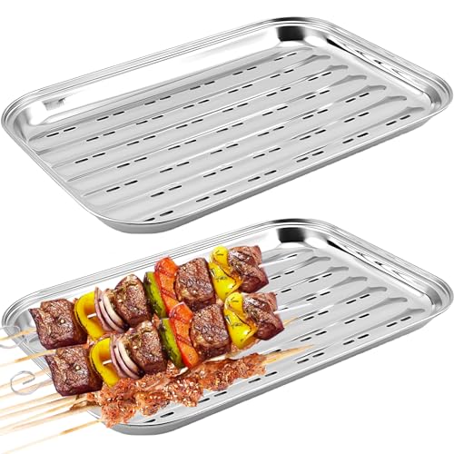 Asfrode 2 Stück BBQ Grillschalen aus Edelstahl, 34.5 x 24.2 x 2.7 cm Wiederverwendbare Grillkorb Gemüsekorb Aussenbereich Zubehör für Gemüse Fisch oder Fleisch für Gas-, Elektro- und Holzkohlegrill von Asfrode
