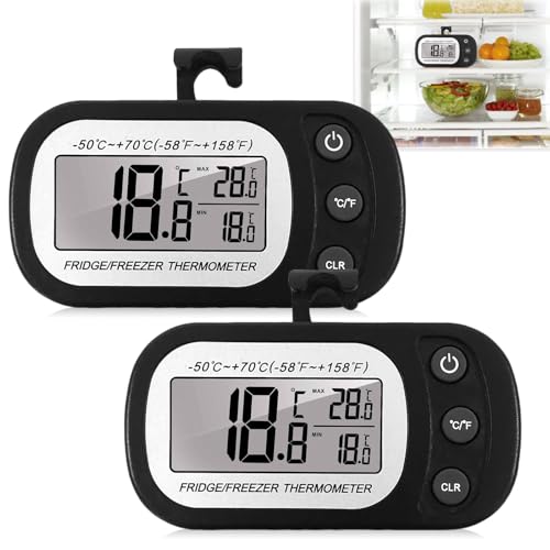 Asfrode Kühlschrankthermometer Digital, 2 Stück Kühlschrank Thermometer mit Haken & Magnet LCD Anzeige Digitales Kühlschrankthermometer Innen, Gefrierschrank Thermometer Max/Min Funktion (2 Schwarz) von Asfrode