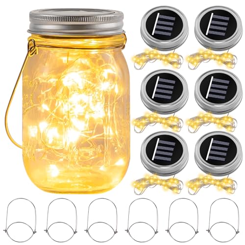 Asfrode 6 Stück 3M 30LED Solarlampen für Außen, Solar Mason Jar Light Deckel Wire Fairy Deckel Licht Solarglas Solarleuchten Solar Lichterkette Aussen Lampions für Garten Baum Balkon Deko von Asfrode