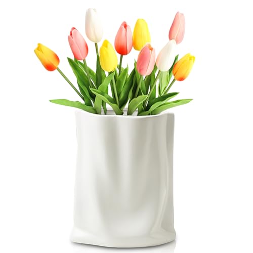 Asfrode Ausgefallene Vasen Deko, 18 cm Tulpenvase Blumenvase Irregulär kleine Keramik Vase weiß Moderne Deko Tischdeko Esstisch Moderne Wohnzimmer Deko von Asfrode