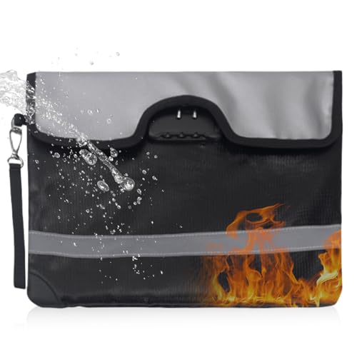 Asfrode Feuerfeste Tasche, 34x25cm Dokumententasche mit Schloss wasserdichte Aufbewahrungstasche mit Reflektierendem Streifen Tresor Tasche für A4-Dokumente Reisepässe von Asfrode
