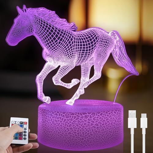 Pferd Nachtlicht für Kinder, 3D Illusion Lampe Kinderzimmer Led Licht, Pferde Mädchen Lampe Nachtlichter Fernbedienung 16 Farbwechsel Dimmbar, Geschenke für Mädchen Junge Wohnzimmer Schlafzimmer Dekor von Asfrode