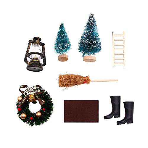 Wichieltür Set Weihnachten, Wichteltür Komplettset, Miniatur Wichtel Set Wichteltür mit Zubehör Stiefel Weihnachtsbaum Harz DIY Spiel Desktop Dekoration 9PCS Puppe Mini Haus Ornament Wohnkultur von Ashleyzj