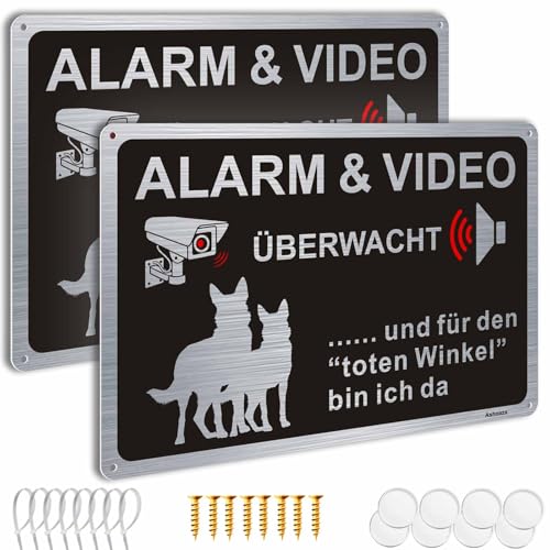 2 Stück Schild Alarm und Videoüberwachung, Hunde Kamera Aluminium 30x20, Warnung vor dem Hund Schilder Metall, Achtung Videoüberwachung Schild, Kamera Überwachung Alu (Warnschild) von Ashoaza