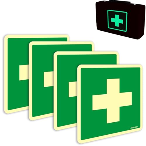 Ashoaza 4 Leuchtfolie Erste Hilfe Aufkleber 15x15 Cm, Erste Hilfe Schild, selbstklebender verbandskasten, verbandskasten zuhause, first aid kit, einfache Installation, (notfalldose aufkleber） von Ashoaza