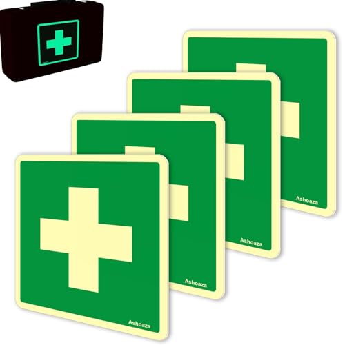 Ashoaza 4 Leuchtfolie Erste Hilfe Aufkleber 15x15, Erste Hilfe Schild, selbstklebender verbandskasten, verbandskasten zuhause, first aid kit, einfache Installation, (notfalldose aufkleber） von Ashoaza