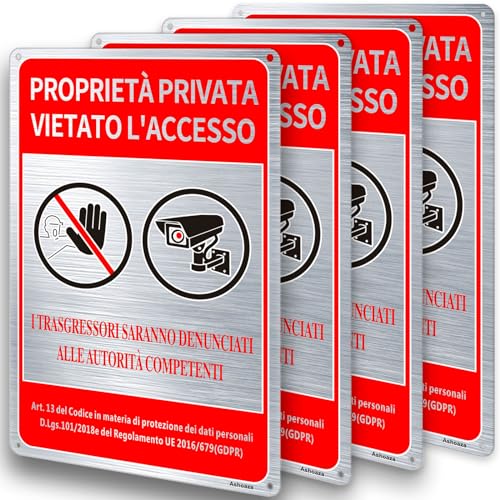 Ashoaza IT Schild für Privateigentum aus gebürstetem Aluminium, 20 x 30 cm, Zutrittsverboten, 4 Stück, GDPR-Warnung, reflektierend, wasserdicht, UV-beständig von Ashoaza