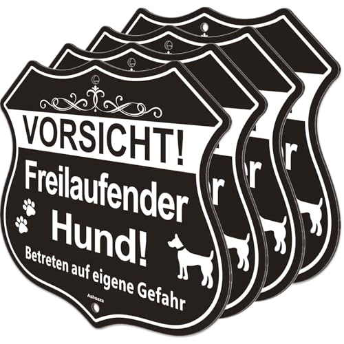 Hier Wache ich Hund | 4 Stück Vorsicht Freilaufender Hund Schild | Ashoaza Vorsicht Hund Schild Aluminium 20x20cm | Warnung vor dem Hund Schilder für den Innen- und Außenbereich von Ashoaza