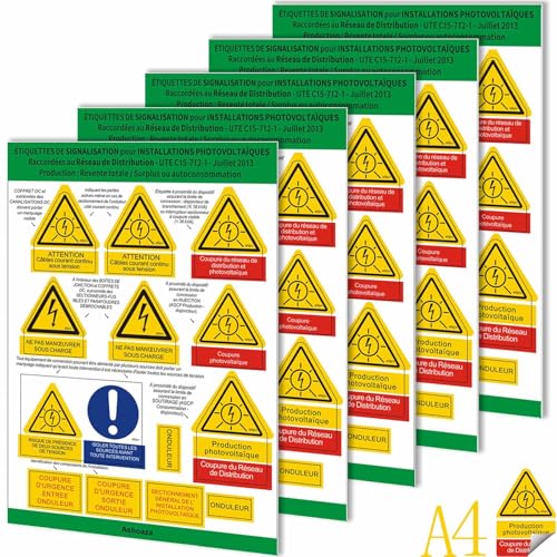 Kit 65 Selbstklebende Beschriftungsgeräte Beschilderung Photovoltaikanlagen kleine Leistung Wechselrichter - ÜBERLASTUNGSVERKAUF oder VOLLVERKAUF - gemäß CONSUEL und UTE C15-712-1 (A4) von Ashoaza