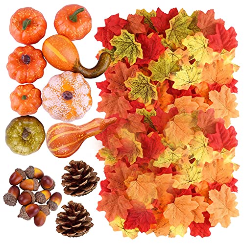 Ashuxxn 100 Stück Künstlicher lebensechter Kürbis Künstliche Kürbisse Set Tannenzapfen Herbstblätter Eicheln für Herbst Party Dekorationen, Herbst Dekoration Kit Halloween Thanksgiving Party Supplies von Ashuxxn