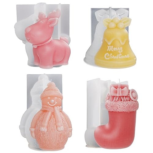Ashuxxn 4 Stück 3D Weihnachten Kerzenform: Schneemann, Glocke, Elch, Weihnachtssocken - DIY Kerzengießform für Weihnachtsschmuck Dekoration von Ashuxxn