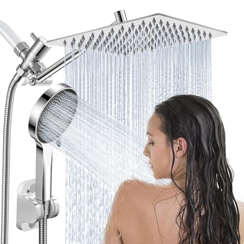 Duschkopf, 25,4 cm Regenduschkopf mit Handbrause mit 27,9 cm Winkel verstellbarem Verlängerungsarm/Durchflussregler/Duschsystem, Hochdruck-Regenduschkopf, sauberes Badezimmer, Chrom, Dusche Komplett von Ashwanth