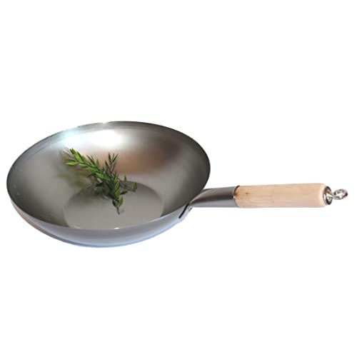 AAF Nommel ®, Wok Pfanne flacher Boden Ø 35 cm, für Gas, Induktion, Ceran und Elektro, mit Holzgriff auch zum Aufhängen von AAF Nommel