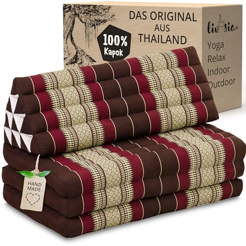 livasia Thaikissen 3 Auflagen für Paare XXL, Dreieckskissen Klappmatratze, extrabreit Kapok, Rückenkissen faltbar, Thaimatte zum Klappen, Meditationskissen 190x80x8cm (Weinrot) von livasia