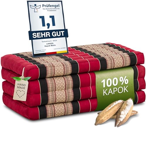Nachhaltige Klappmatratze aus Kapok - 200x80x8cm - Gästematratze, Faltbare Matratze für Van, ökologische Yogamatte, klappbares Gästebett, Liege für Garten und Balkon (Rot/Schwarz) von livasia