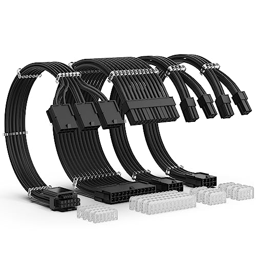 AsiaHorse PCIE 5.0 12VHPWR Sleeved Cable Kit, 16AWG PSU Kabelverlängerung, PC Netzteil Sleeved Kable, 24PIN-ATX/(4+4) PIN-CPU/(12+4) PIN-GPU Extension Cable, 30CM, Schwarz von AsiaHorse