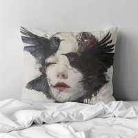 Dark Art Spun Polyester Square Pillow, Oil Painting Style, Girl With Crows, Natalia Rak, James Jean, Yoji Shinkawa, Home Decor, Gothic von AsiaSpirits