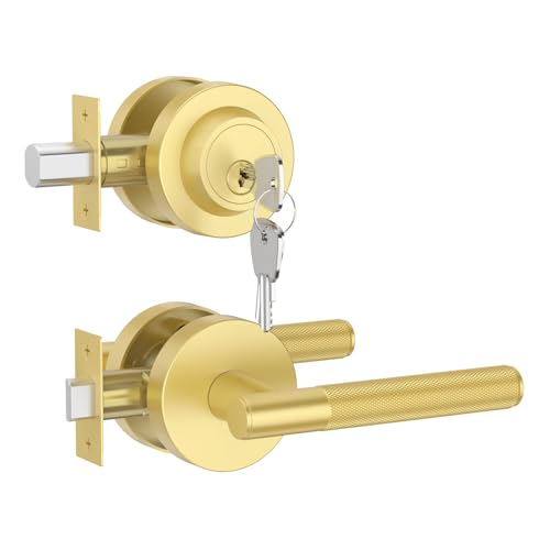 Asidrama Premium Front Door Lock Set Brushed Gold Zinc-Alloy Double Cylinder Deadbolt Heavy Duty Security Handleset for Left / Right Outdoors Universal Entry Locks (1 Pack) von Asidrama
