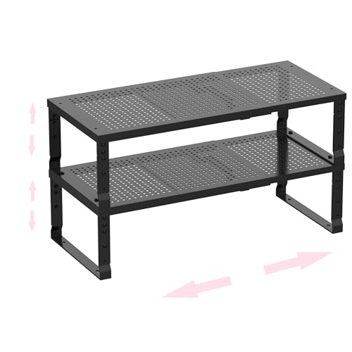 Asiingkel Stapelbares, erweiterbares Aufbewahrungsregal aus Metall – multifunktionales Aufbewahrungsregal für Zuhause, geeignet für Küche, Schrank, Bad, Büro, Garage usw. (2 Packungen/Schwarz/Mittel) von Asiingkel