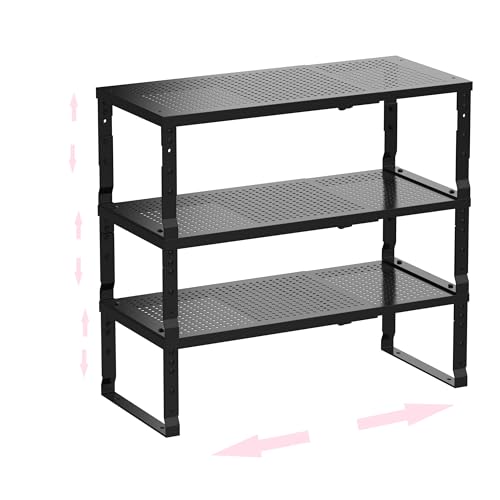 Asiingkel Stapelbares, erweiterbares Aufbewahrungsregal aus Metall – multifunktionales Aufbewahrungsregal für Zuhause, geeignet für Küche, Schrank, Bad, Büro, Garage usw. (3 Packungen/Schwarz/Groß) von Asiingkel