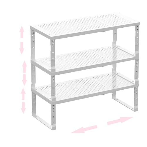 Asiingkel Stapelbares, erweiterbares Aufbewahrungsregal aus Metall – multifunktionales Aufbewahrungsregal für Zuhause, geeignet für Küche, Schrank, Bad, Büro, Garage usw. (3 Packungen/Weiß/Mittel) von Asiingkel