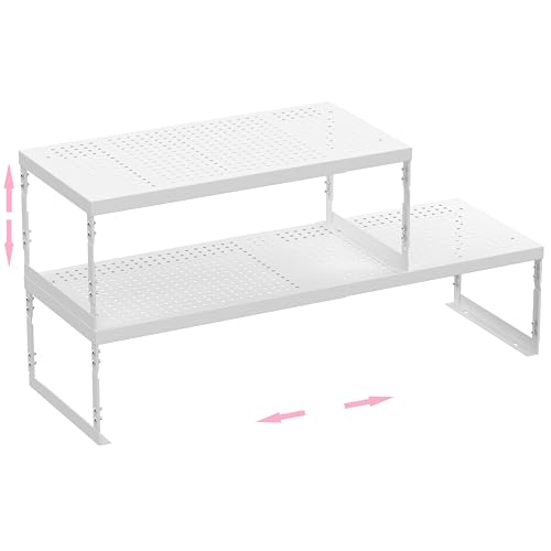 Asiingkel Stapelbares, erweiterbares Metallregal – verstellbares Drahtregal mit Löchern für Küche, Bad, Schrank, Büro – platzsparend, langlebig und stabil (2 Packungen/groß/weiß von Asiingkel