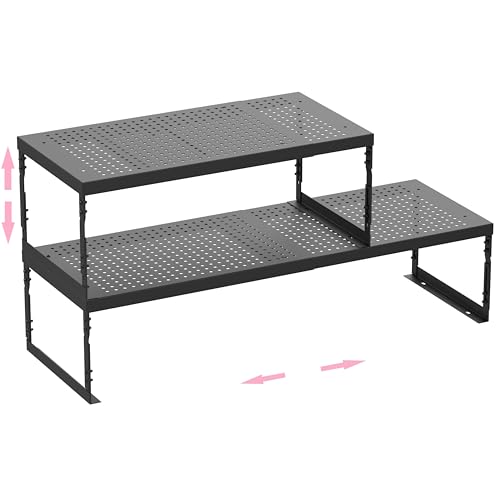 Asiingkel Stapelbares, erweiterbares Metallregal – verstellbares Drahtregal mit Löchern für Küche, Bad, Schrank, Büro – platzsparend, langlebig und stabil (2 Packungen/mittel/schwarz) von Asiingkel