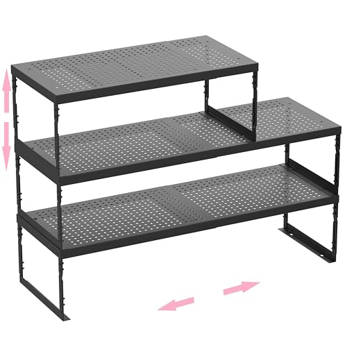 Asiingkel Stapelbares, erweiterbares Metallregal – verstellbares Drahtregal mit Löchern für Küche, Bad, Schrank, Büro – platzsparend, langlebig und stabil (3 Packungen/groß/schwarz von Asiingkel