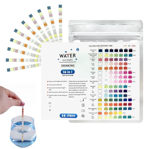 50 Stück Wasserhärte Messen,16-in-1 Wassertester Trinkwasser,Trinkwasser Teststreifen,pH Wert Teststreifen,Einfache Überprüfung der Wasserqualität,Wasserteststreifen mit Härte, Blei, Eisen, Kupfer von Asitanie