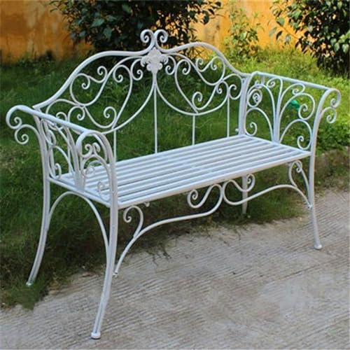 Asiwnshw Outdoor-Bank, 2-Personen-Bänke aus Metall und Stahl, Möbel, Garten-Doppelstuhl für Garten, Terrasse, Veranda, Eingangsbereich mit geblümter Rückenlehne, 200 kg Tragkraft(White) von Asiwnshw