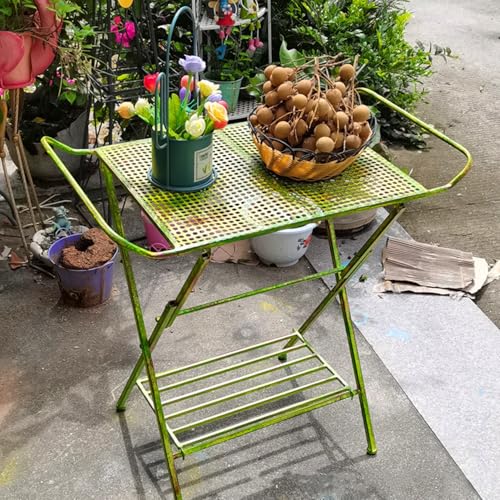 Asiwnshw Vintage-Terrassen-Beistelltisch Bistrotisch für den Außenbereich, klappbarer doppelschichtiger Couchtisch, wetterfester Metall-Beistelltisch, Pflanzenständer für Pool Balkon Terrasse Veranda von Asiwnshw