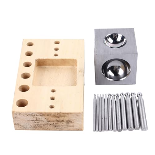 Asixxsix Doming-Block-und-Locher-Set, 14-Teiles MetallFormung-Dapping Doming-Puncher-und Block-Set MIT 12 Lochern, Block und Holzbasis, Stahl-Schmuckhersterungs-Metallformungswirk von Asixxsix