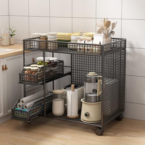 Asixxsix Rollende Küchenmikrowellenwagen, Dienstprogramm Küchenorganisator und Lagerwagen mit Auszugskörben, Bad Rollender Wagen, Stabiler Metallstahlhalter für Wohnzimmerbüro (Black) von Asixxsix