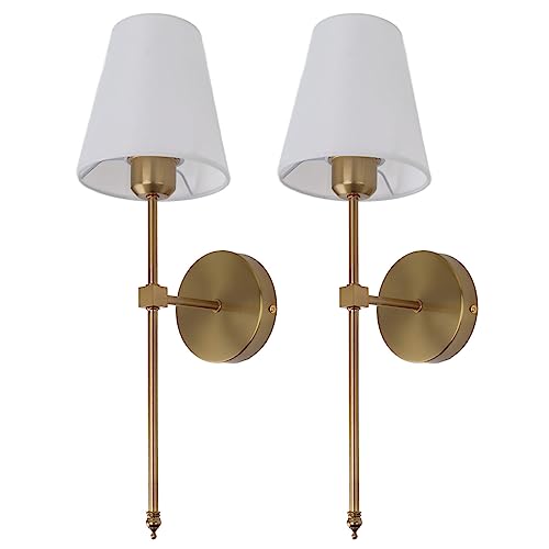 Asixxsix Wandleuchten 2er Set, 85 bis 265V Gold Wandleuchten E26 E27 Festverdrahtete Wandleuchten Set Nachttisch Wandleuchte mit weißem Lampenschirm für Schlafzimmer Eitelkeit Badezimmer von Asixxsix