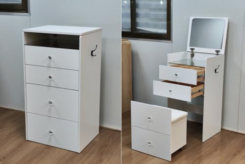 Schminktisch Klein, Schminktisch mit Spiegel, Dressing Table Holz, 90°Klappspiegel, Gepolsterter Hocker mit Rollen, 2 Schubladen, 1 Haken, Klarglasplatte, Moderner Stil, für Schlafzimmer (Weiß) von Askelierg
