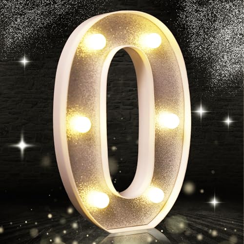 Zahl 0 Silber Glitzer Dekoration LED Licht, Glitzer Zahlen Lichter, Geeignet für Geburtstagsfeier Dekoration, Babyparty, Hochzeit Hintergrund Home Dekoration, 8,5 Zoll Silber Nummer 0 (Warmweiß) von Aslanka