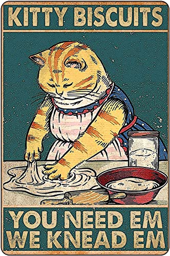 Kitchen Retro Metal Tin Sign - Kitty Biscuits We Knead Em You Need Em - Vintage Poster Plaque Cat Sign for Home Restaurant Kitchen Wall Decor - Best Family Decor Gift Ideas for Baking Lovers 8x12 Inch von Asoodoo