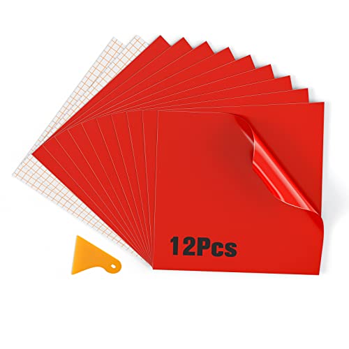 Asoway Vinylfolie Plotter Selbstklebend 12 Stück, Permanente Plotterfolie Vinyl 30.5 x 30.5cm, 10 Stück Vinylfilme mit 2 Transferfolie Plotter für DIY Basteln, Tassen und Glas (Rot) von Asoway
