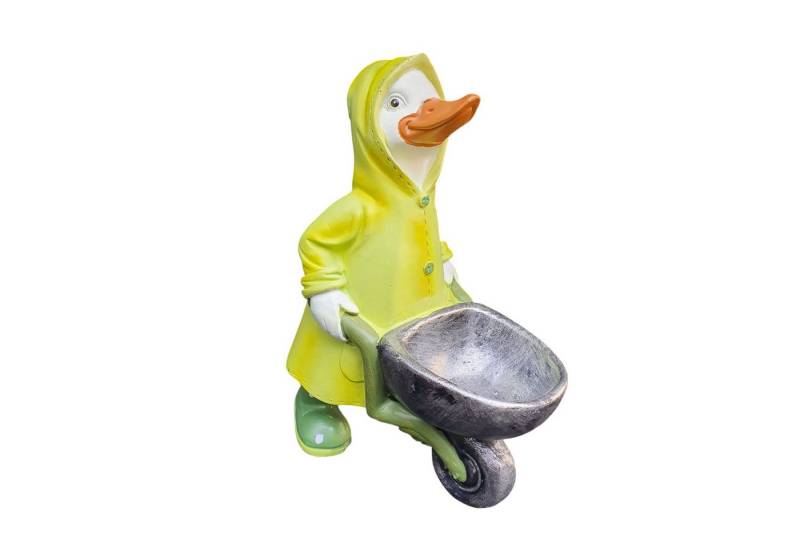 Aspinaworld Gartenfigur Ente mit Regenmantel mit Schubkarre 14 cm, Figur für den Garten von Aspinaworld