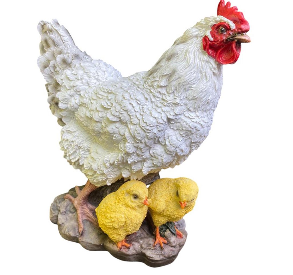 Aspinaworld Gartenfigur Weiße Huhn Figur mit zwei Küken 32 cm wetterfest, Figur für den Garten von Aspinaworld