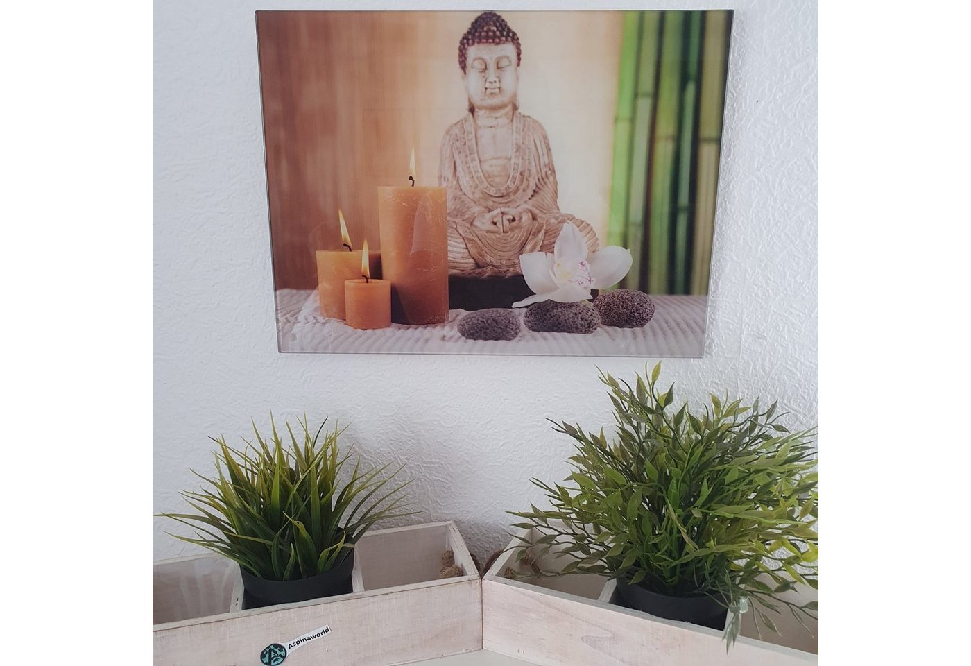 Aspinaworld Wandbild Glasbild Buddha mit Kerzen 30 x40 cm Wandbild von Aspinaworld