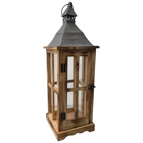 Laterne mit Glas 56 cm braune Holzlaterne mit Metalldach - Laterne für draußen - Vintage - Gartenlaterne - Windlicht Laterne - Kerzenhalter - Laterne Naturholz Laterne mit Glas 56 cm braune Holzlaterne mit Metalldach - Laterne für draußen - Vintage - Gartenlaterne - Windlicht Laterne - Kerzenhalter - Laterne Naturholz von Aspinaworld