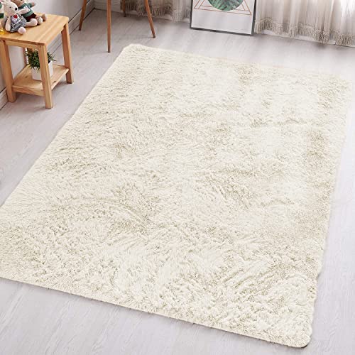 Aspire Homeware Kleiner flauschiger Schlafzimmerteppich, cremefarben, 50 x 80 cm, für Wohnzimmer, Plüschteppich, modern, weich, zottelig, Kunstfell-Teppich für Zuhause von Aspire Homeware