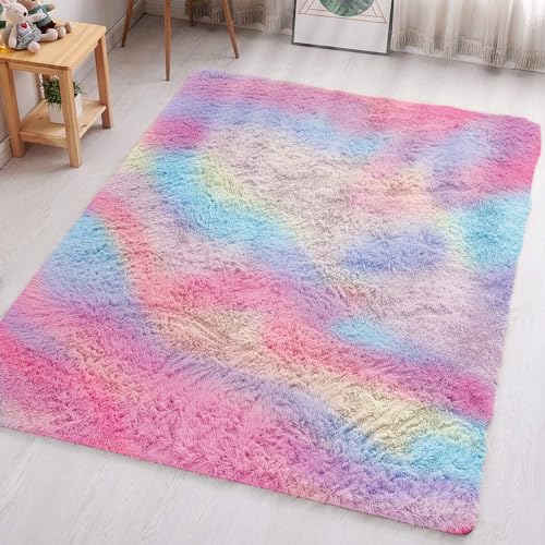 Aspire Homeware Teppiche für Wohnzimmer – Teppiche für Schlafzimmer, rutschfest, modern, superweich, dicker Flor, flauschig, zottelig, fusselfrei, fusselfrei (Regenbogen, 120 x 170 cm) von Aspire Homeware