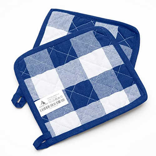 Topflappen Set - 2X Praktische Topflappen Karo - Ökologische Topf Lappen aus 100% Baumwolle - Kitchen Pot Holders - Kochlappen in Blau Weiß 20x20cm von Asquare