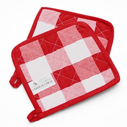 Topflappen Set - 2X Praktische Topflappen Karo - Ökologische Topf Lappen aus 100% Baumwolle - Kitchen Pot Holders - Kochlappen in Rot Weiß 20x20cm von Asquare