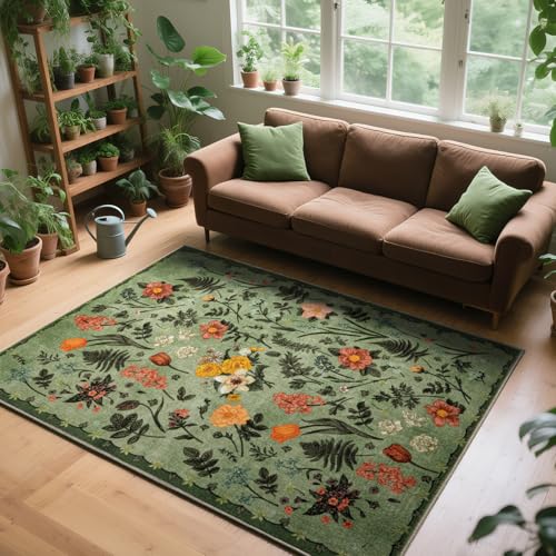 Asrug Flroal Grüne Teppiche für Wohnzimmer, rutschfeste Teppiche für Schlafzimmer, Innenbereich, Esszimmer, Teppiche unter dem Tisch, Teppich für Küche, Büro, Grün, 1,5 x 2,1 m von Asrug