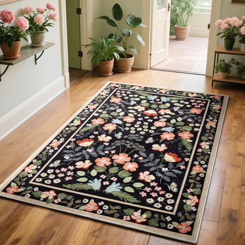Asrug Flroal schwarze Teppiche, 7,6 x 15,7 cm, rutschfeste Teppiche für Wohnzimmer, Schlafzimmer, Innenbereich, Esszimmer, Teppiche unter dem Tisch, Teppich für Küche, Büro, Schwarz, 90 x 150 cm Asrug Flroal schwarze Teppiche, 7,6 x 15,7 cm, rutschfeste Teppiche für Wohnzimmer, Schlafzimmer, Innenbereich, Esszimmer, Teppiche unter dem Tisch, Teppich für Küche, Büro, Schwarz, 90 x 150 cm von Asrug
