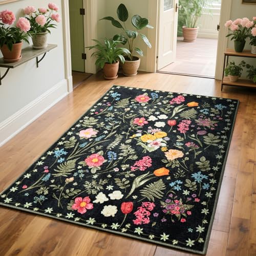 Asrug Flroal schwarze Teppiche, 7,6 x 15,7 cm, rutschfeste Teppiche für Wohnzimmer, Schlafzimmer, Innenbereich, Esszimmer, Teppiche unter dem Tisch, Teppich für Küche, Büro, Schwarz, 90 x 150 cm Asrug Flroal schwarze Teppiche, 7,6 x 15,7 cm, rutschfeste Teppiche für Wohnzimmer, Schlafzimmer, Innenbereich, Esszimmer, Teppiche unter dem Tisch, Teppich für Küche, Büro, Schwarz, 90 x 150 cm von Asrug